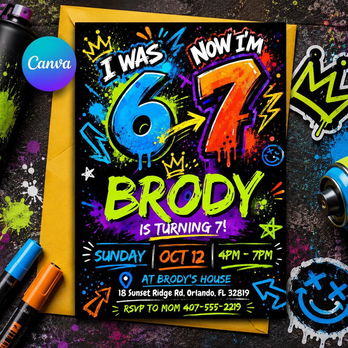 Graffiti 7th Birthday Invitation for Boys — editable Canva template