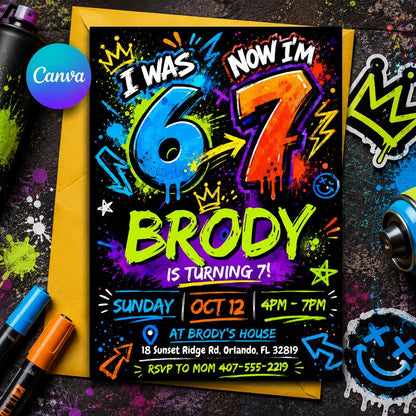 Graffiti 7th Birthday Invitation for Boys — editable Canva template