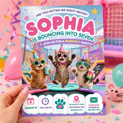 Girl Jump Kittens Birthday Invitation, Personalized Cats Trampoline Park Invite, Editable Cat Birthday Invitation Bouncing Into Seven, Canva __etsy:8043565111
