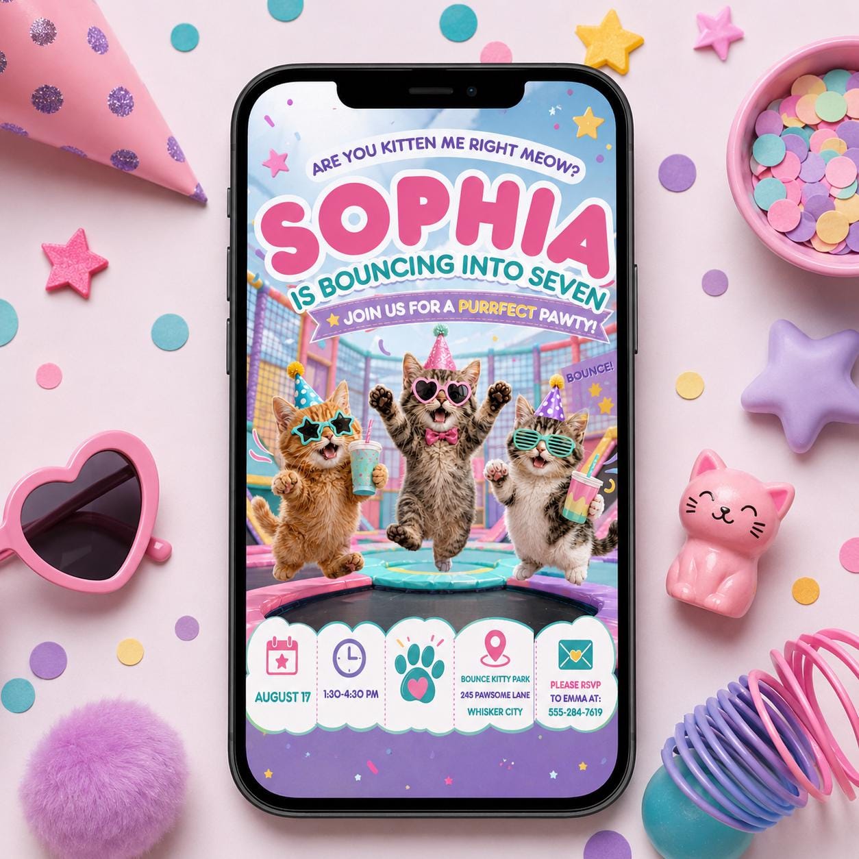 Girl Jump Kittens Birthday Invitation, Personalized Cats Trampoline Park Invite, Editable Cat Birthday Invitation Bouncing Into Seven, Canva __etsy:8043565115