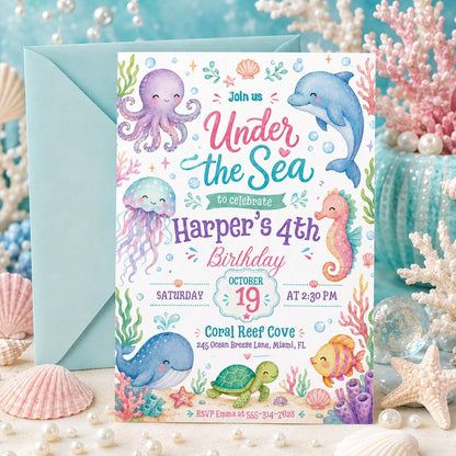 Pastel Under the Sea 4th Birthday Invitation — ocean artwork in pink and purple