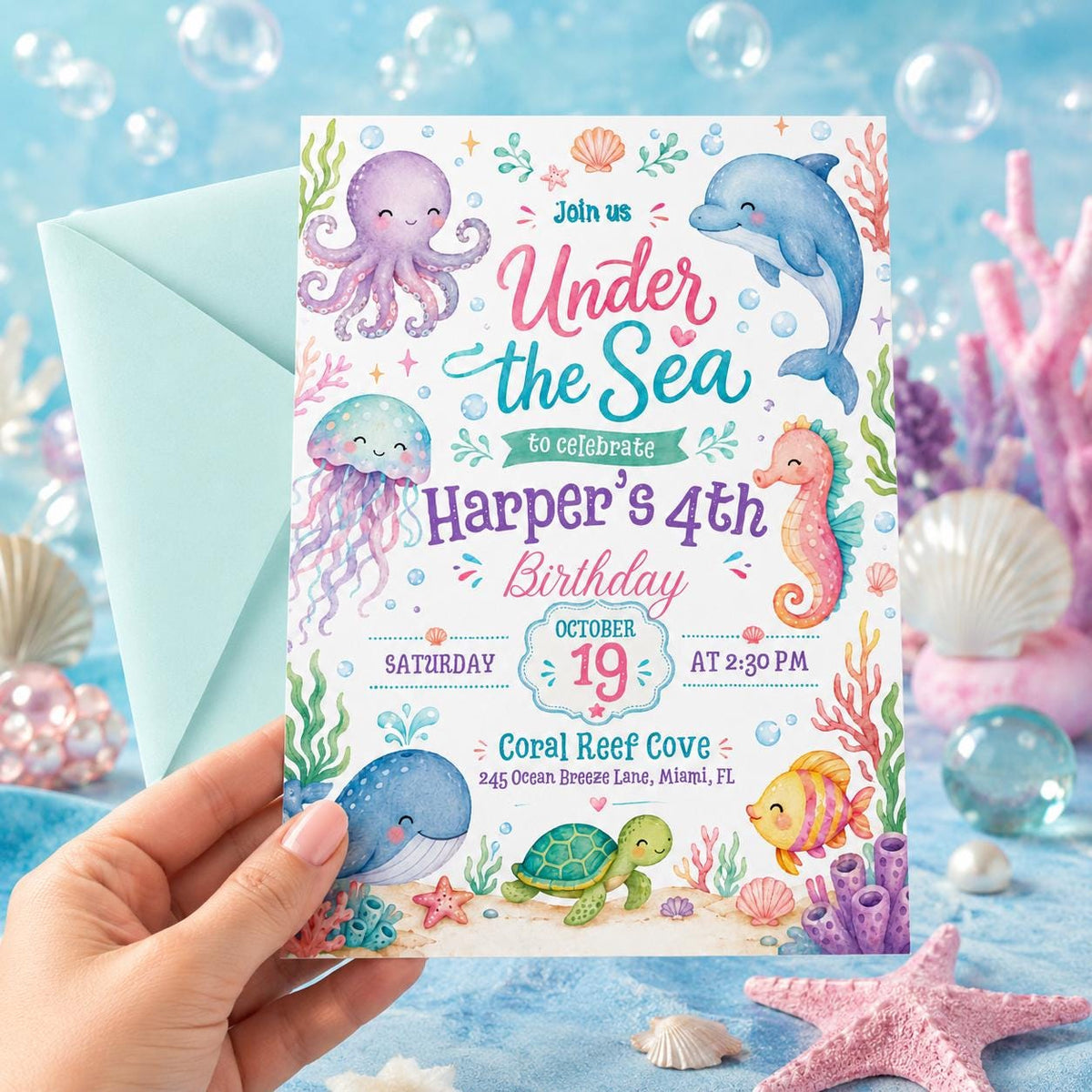 Pastel Under the Sea 4th Birthday Invitation — print-ready 4th birthday party design from VoltBy
