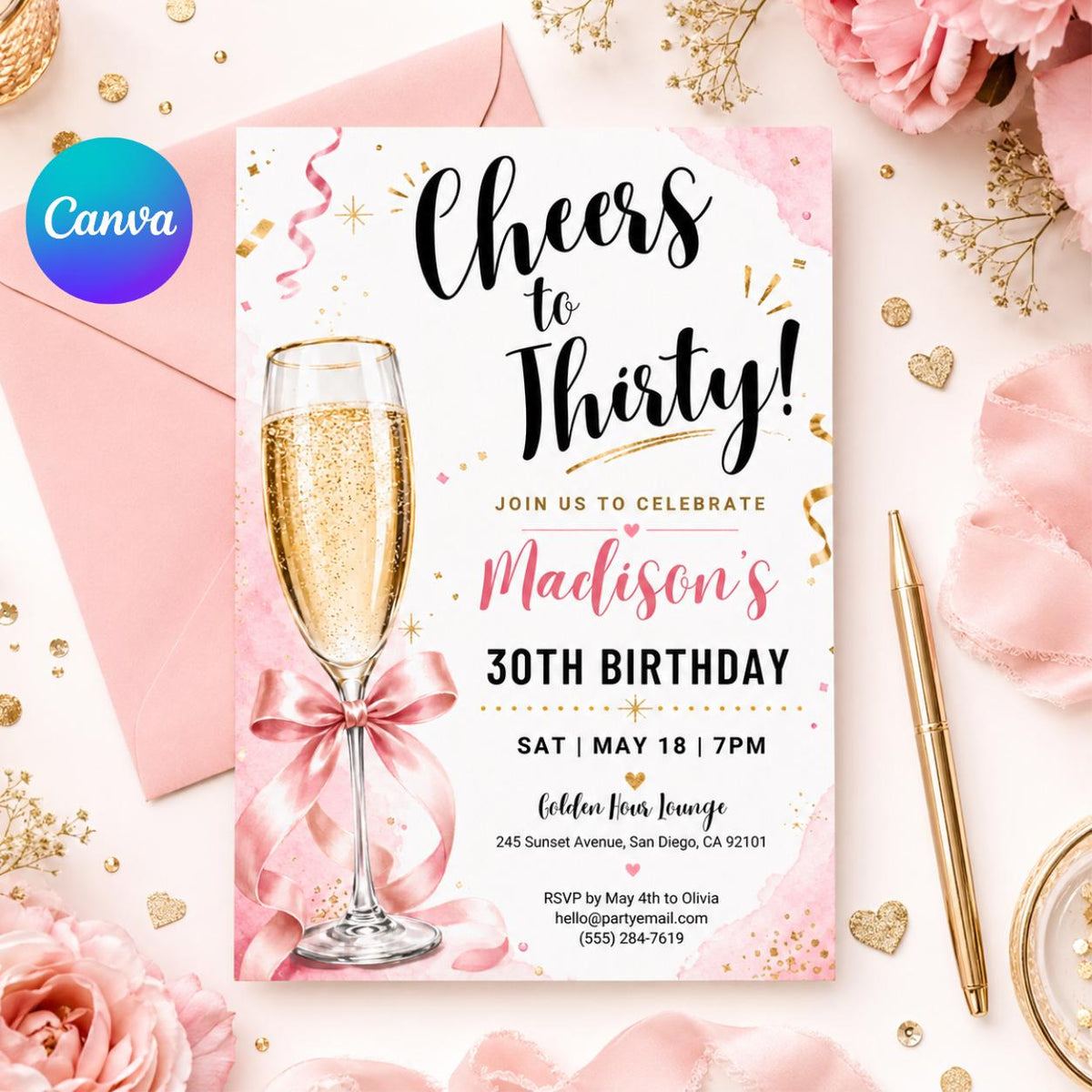 Cheers to Thirty Birthday Invitation with Pink Champagne Bow — editable Canva template