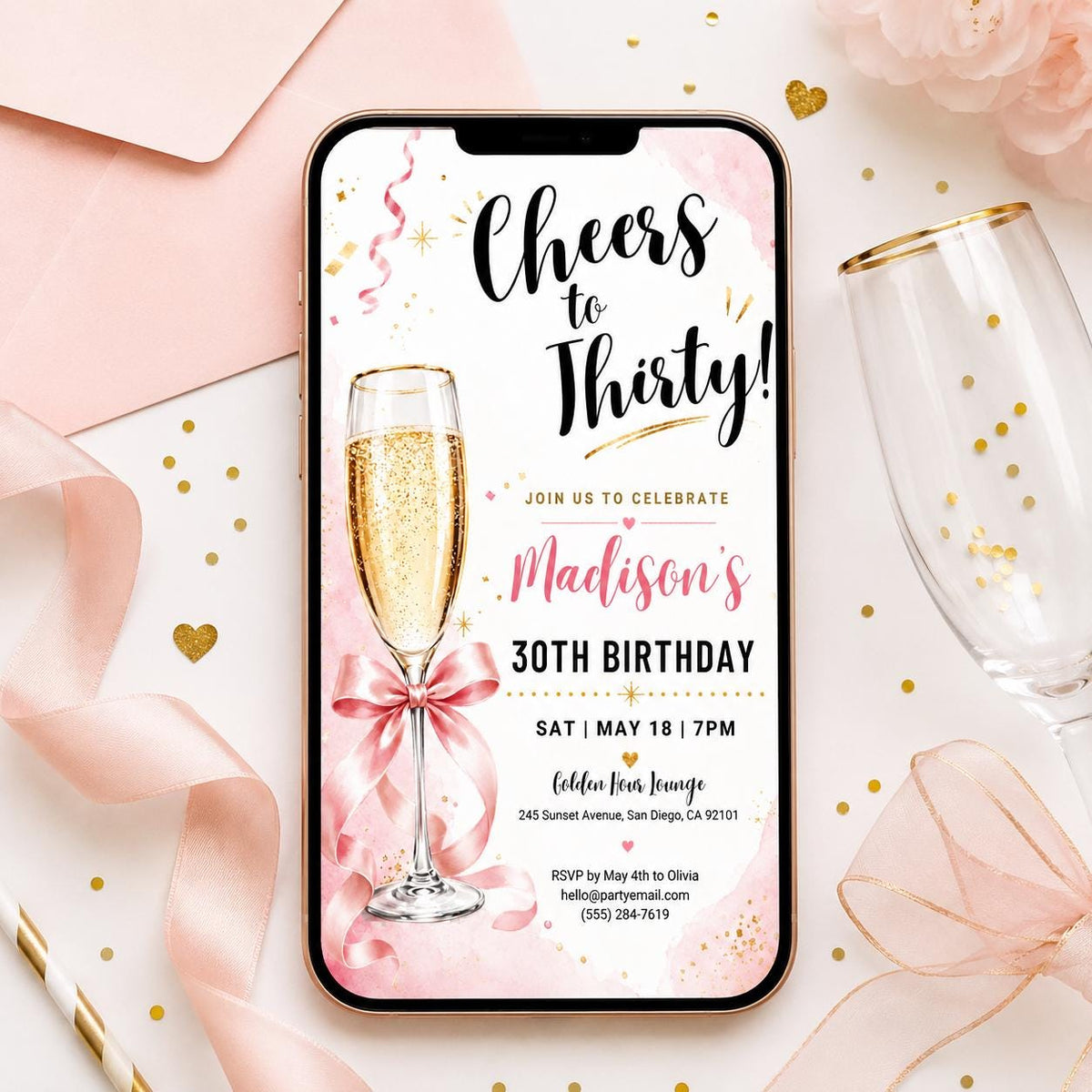 Cheers to Thirty Birthday Invitation with Pink Champagne Bow — print-ready 30th birthday party design from VoltBy