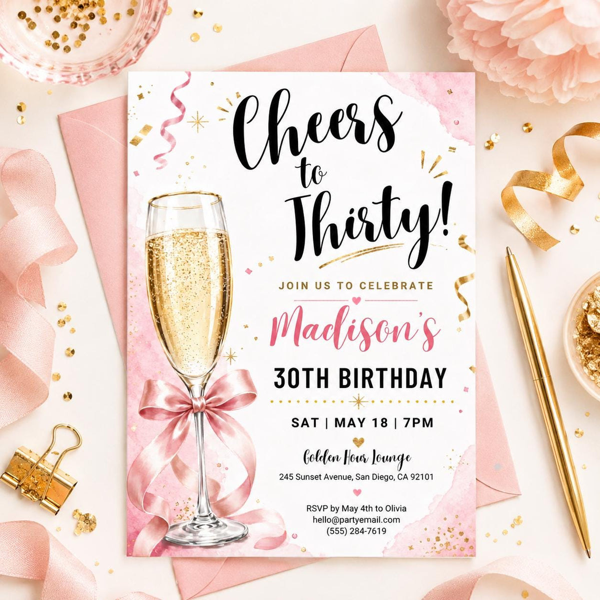 Cheers to Thirty Birthday Invitation with Pink Champagne Bow — digital invitation, instant download