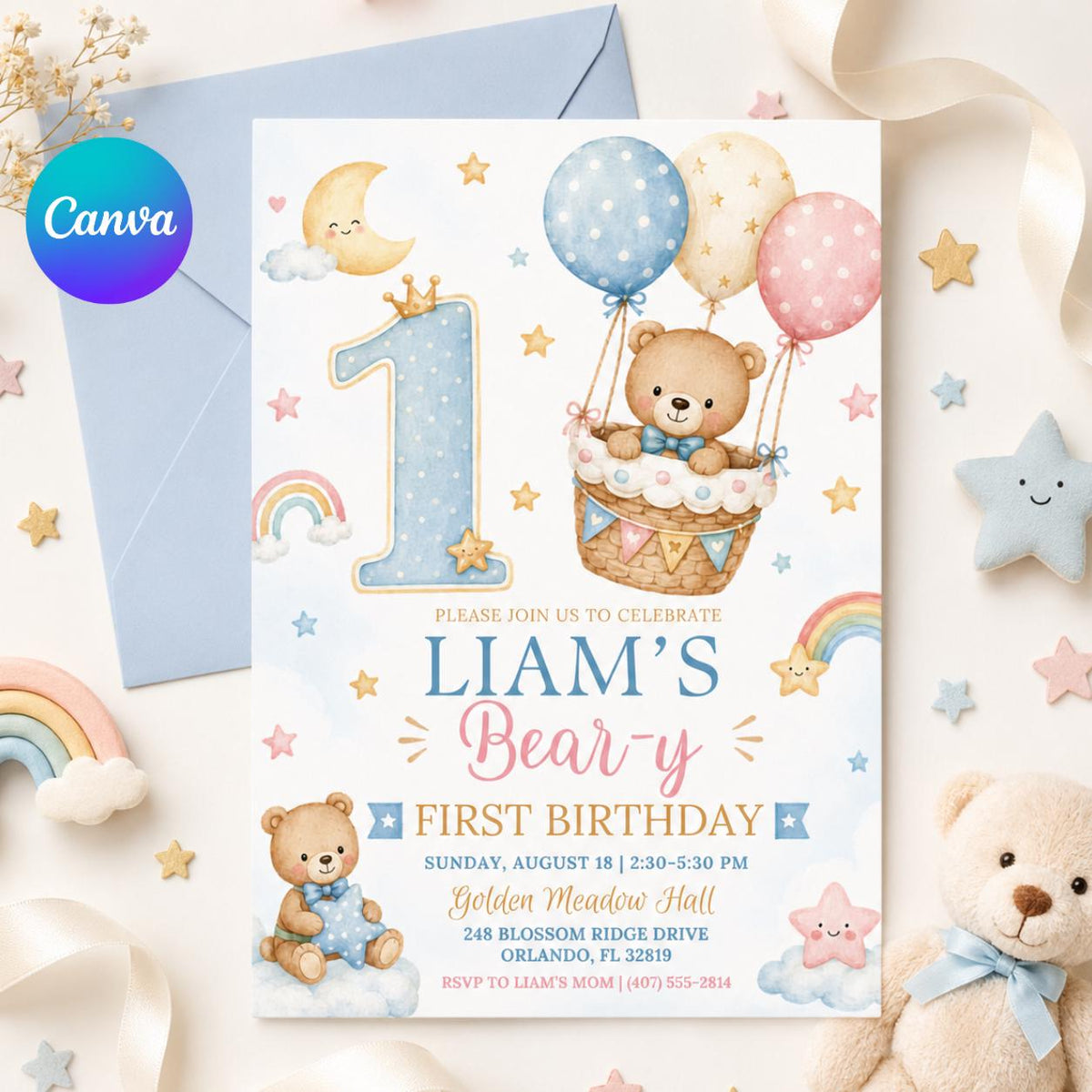 Teddy Bear First Birthday Invitation with Hot Air Balloon — editable Canva template