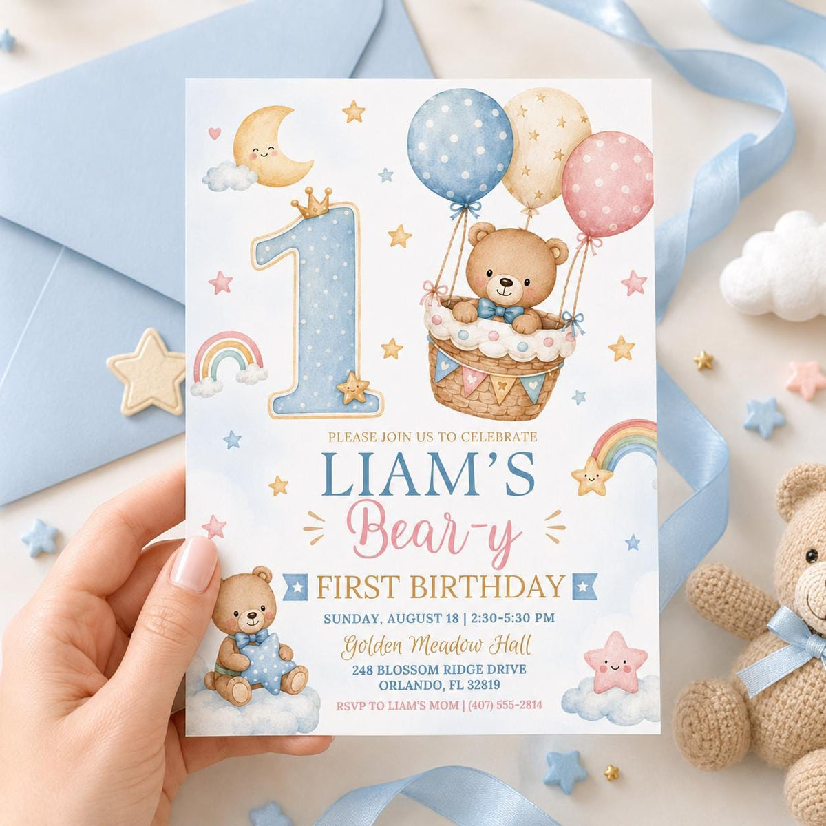 Teddy Bear First Birthday Invitation with Hot Air Balloon — print-ready first birthday design from VoltBy