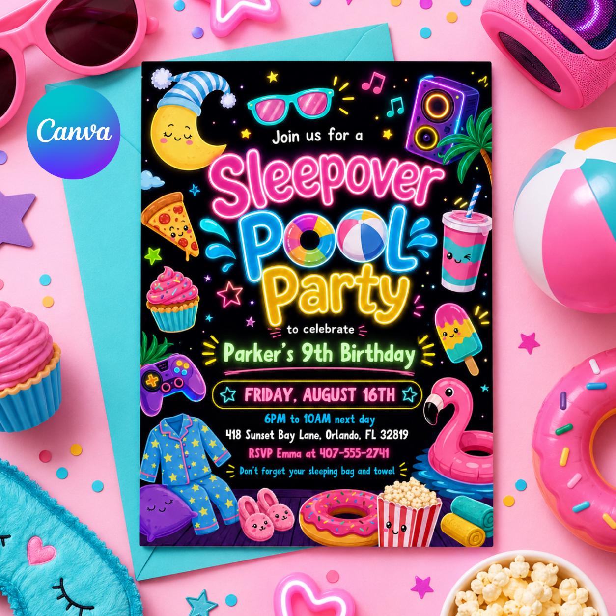 Slumber Pool Party Birthday Invitation Sleepover Swim Birthday Invite Pink Girl Tween Teen Swim Pool, Canva Printable Template __etsy:8043632673
