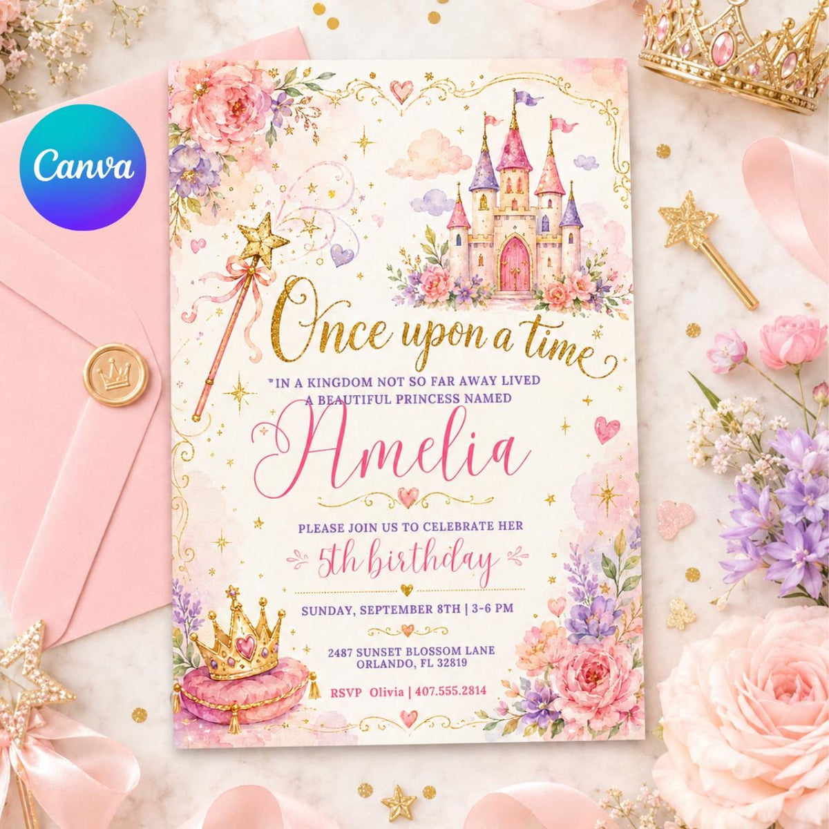 Once Upon a Time Princess Castle 5th Birthday Invitation — editable Canva template