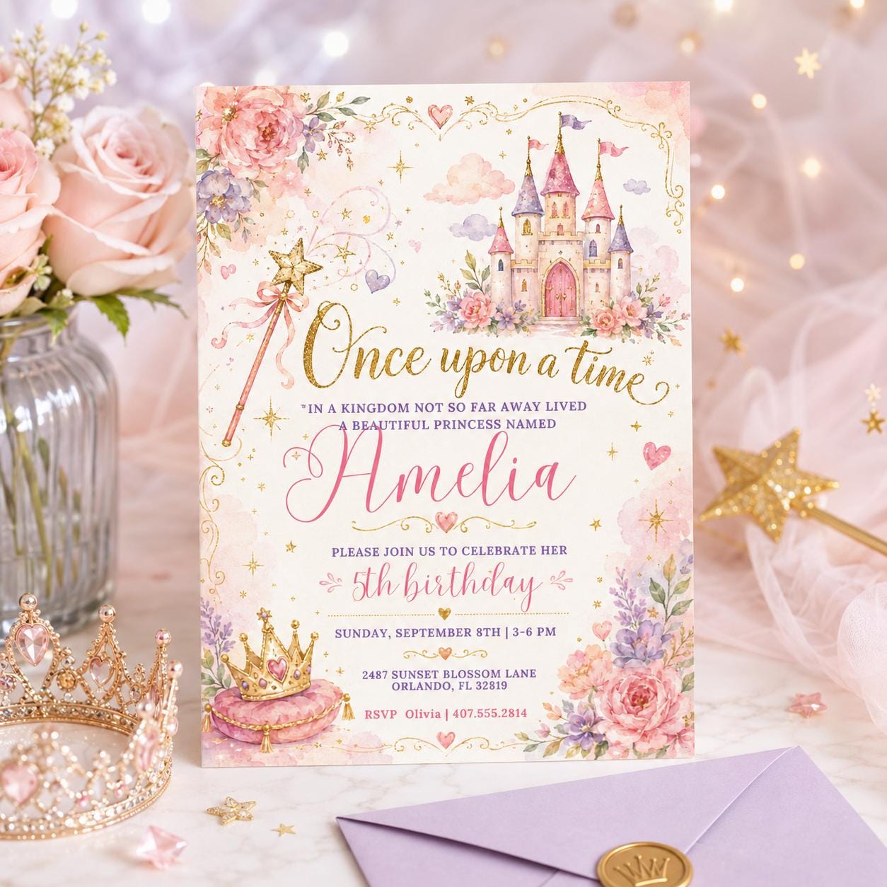 Once upon a time birthday invite, girl first birthday invite, princess  party invite, 1st birthday, Princess Castle, Editable Canva Template __etsy:8045100799