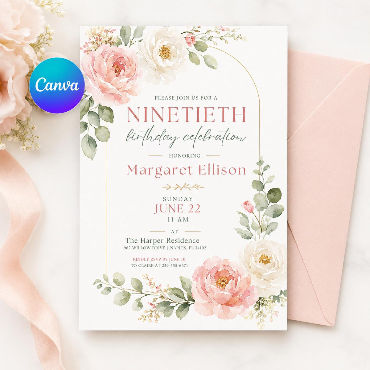 Hand Drawn Floral Ninetieth Celebration Invitation — editable Canva template