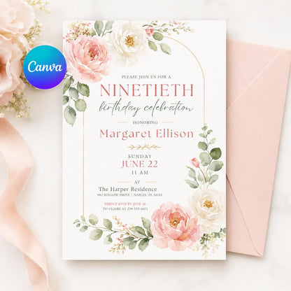 Hand Drawn Floral Ninetieth Celebration Invitation — editable Canva template