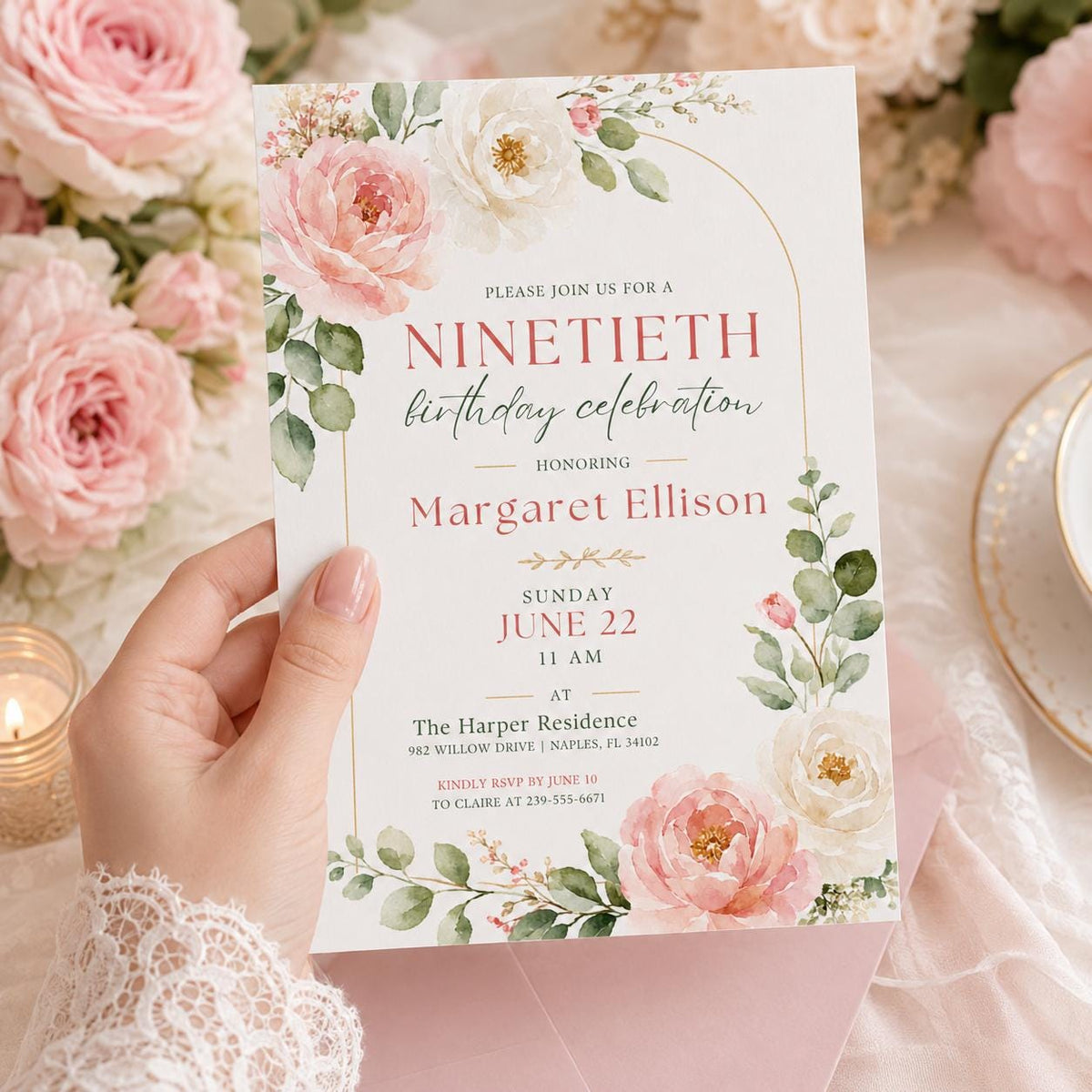 Hand Drawn Floral Ninetieth Celebration Invitation — design view 2