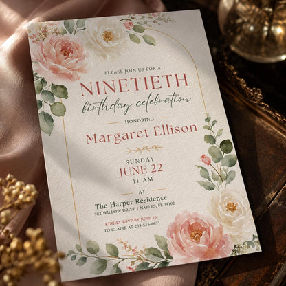 Hand Drawn Floral Ninetieth Celebration Invitation — digital invitation, instant download