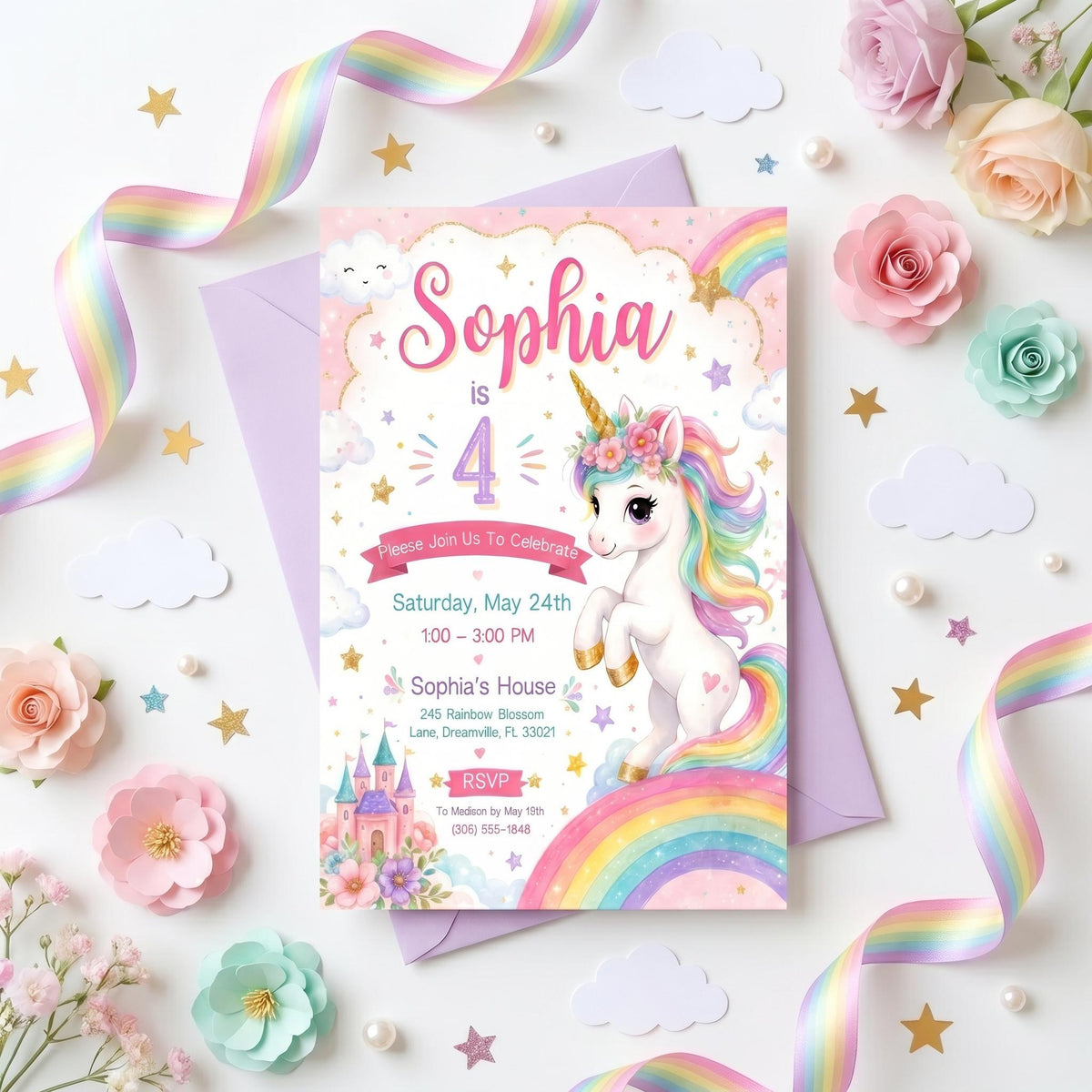 Pastel Unicorn 4th Birthday Invitation with Floral Crown in pink and purple