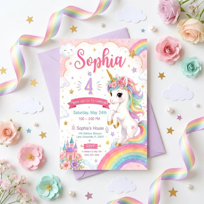 Pastel Unicorn 4th Birthday Invitation with Floral Crown in pink and purple