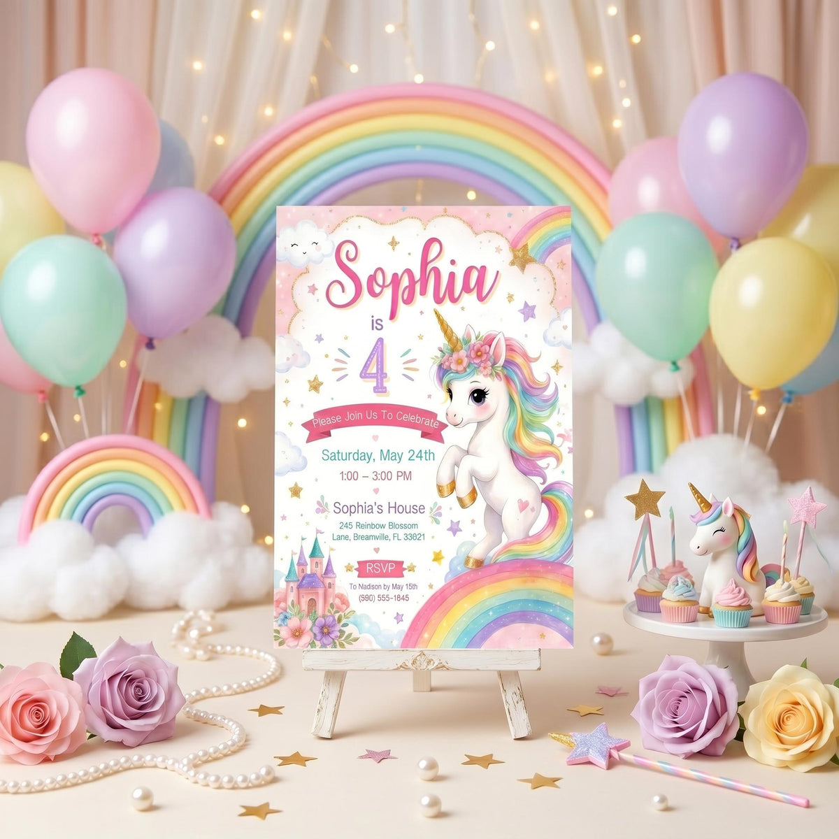 Pastel Unicorn 4th Birthday Invitation with Floral Crown — print-ready 4th birthday party design from VoltBy