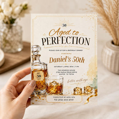 Aged to Perfection Birthday Invitation, Mens Birthday Invite, Whiskey Theme, 40th 50th 60th Birthday, Editable Adult Birthday Template Canva __etsy:8046244135