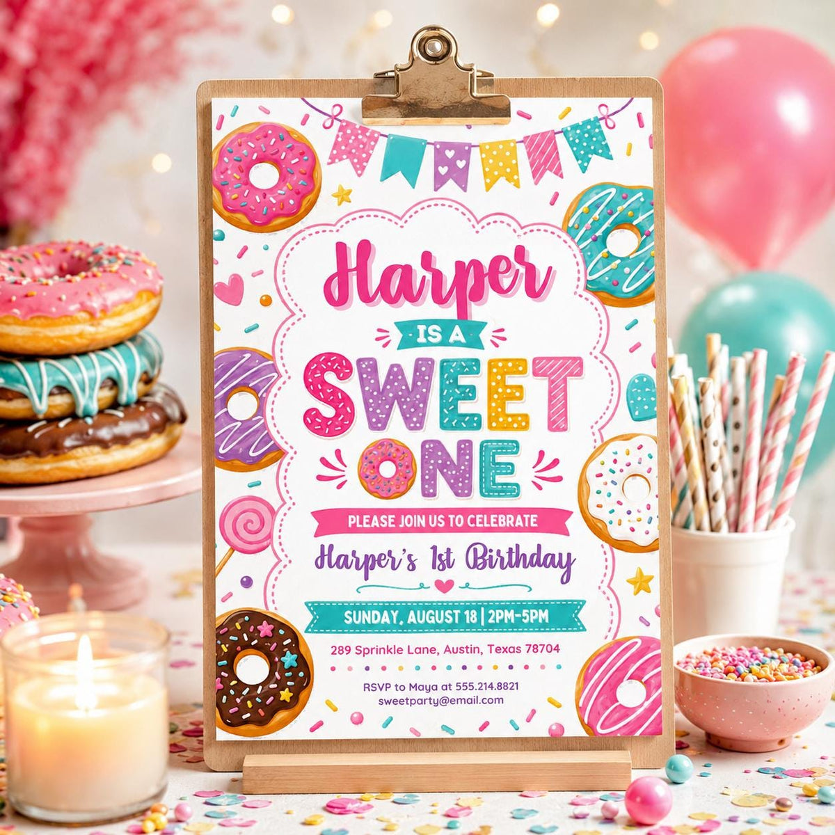 Colorful Donut Sweet One First Birthday Invitation — invitation you personalize in Canva