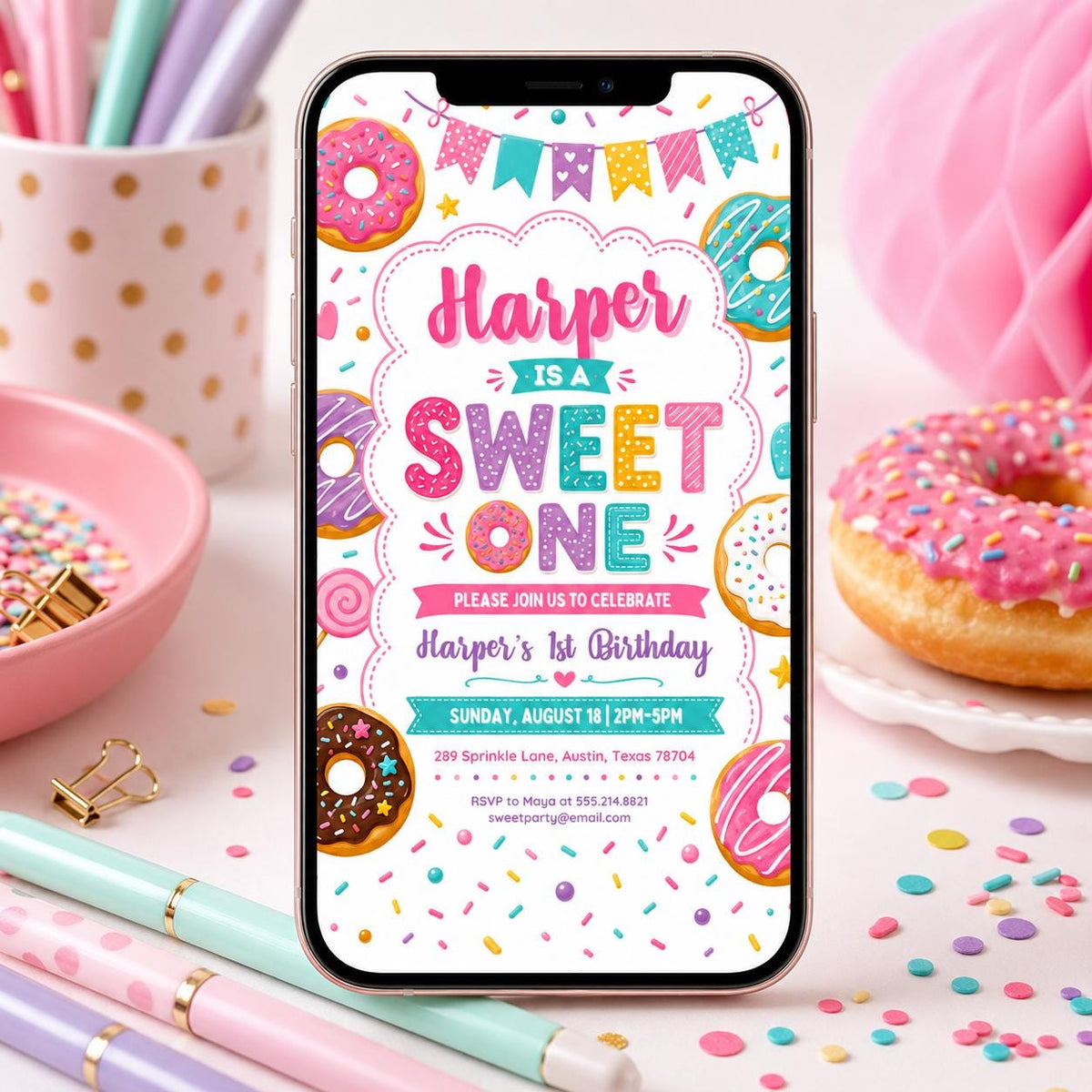Colorful Donut Sweet One First Birthday Invitation — candy artwork in pink and purple