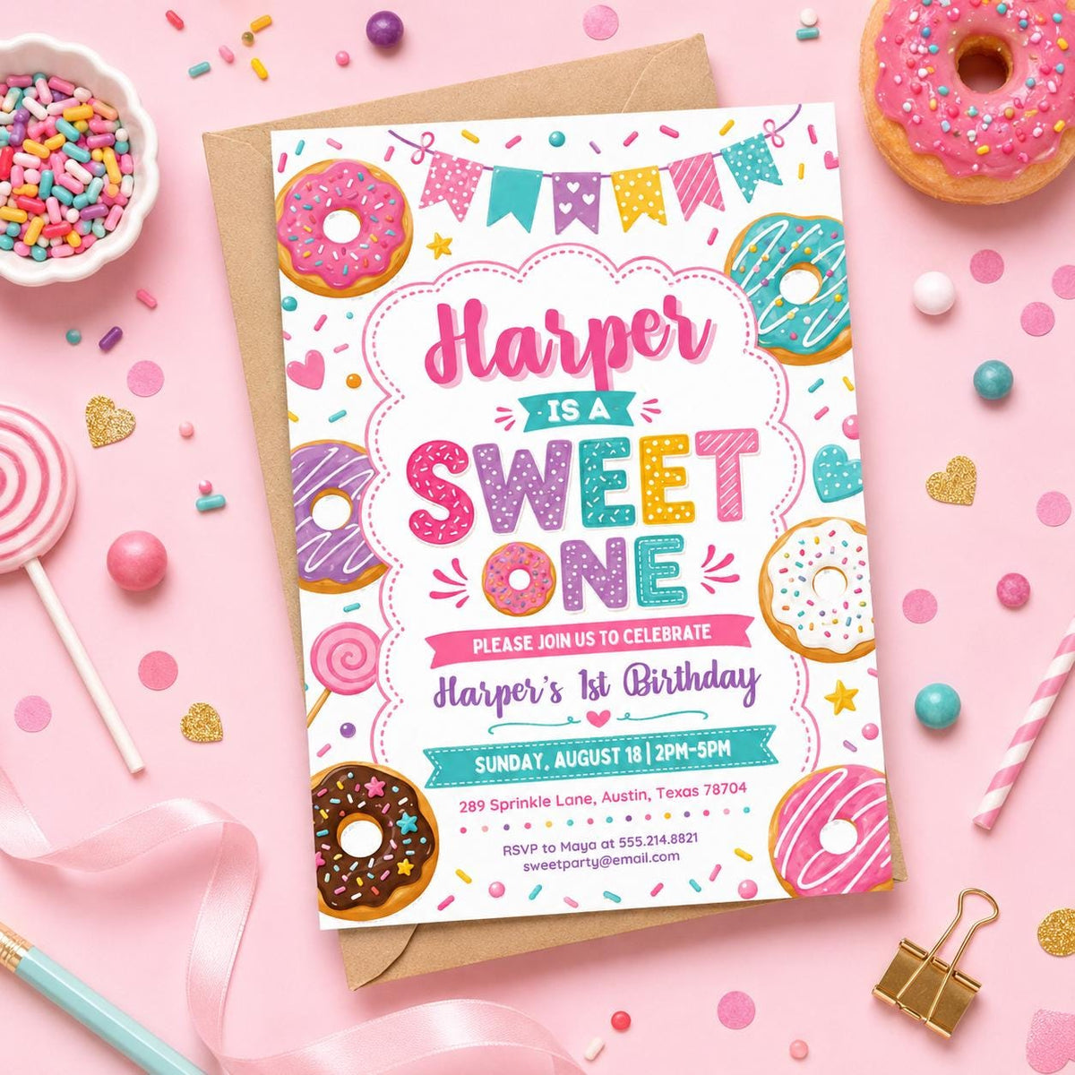 Colorful Donut Sweet One First Birthday Invitation in pink and purple