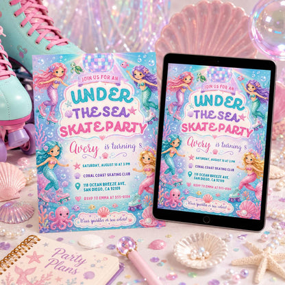 Pink Mermaid Skate Party Invitation — invitation you personalize in Canva