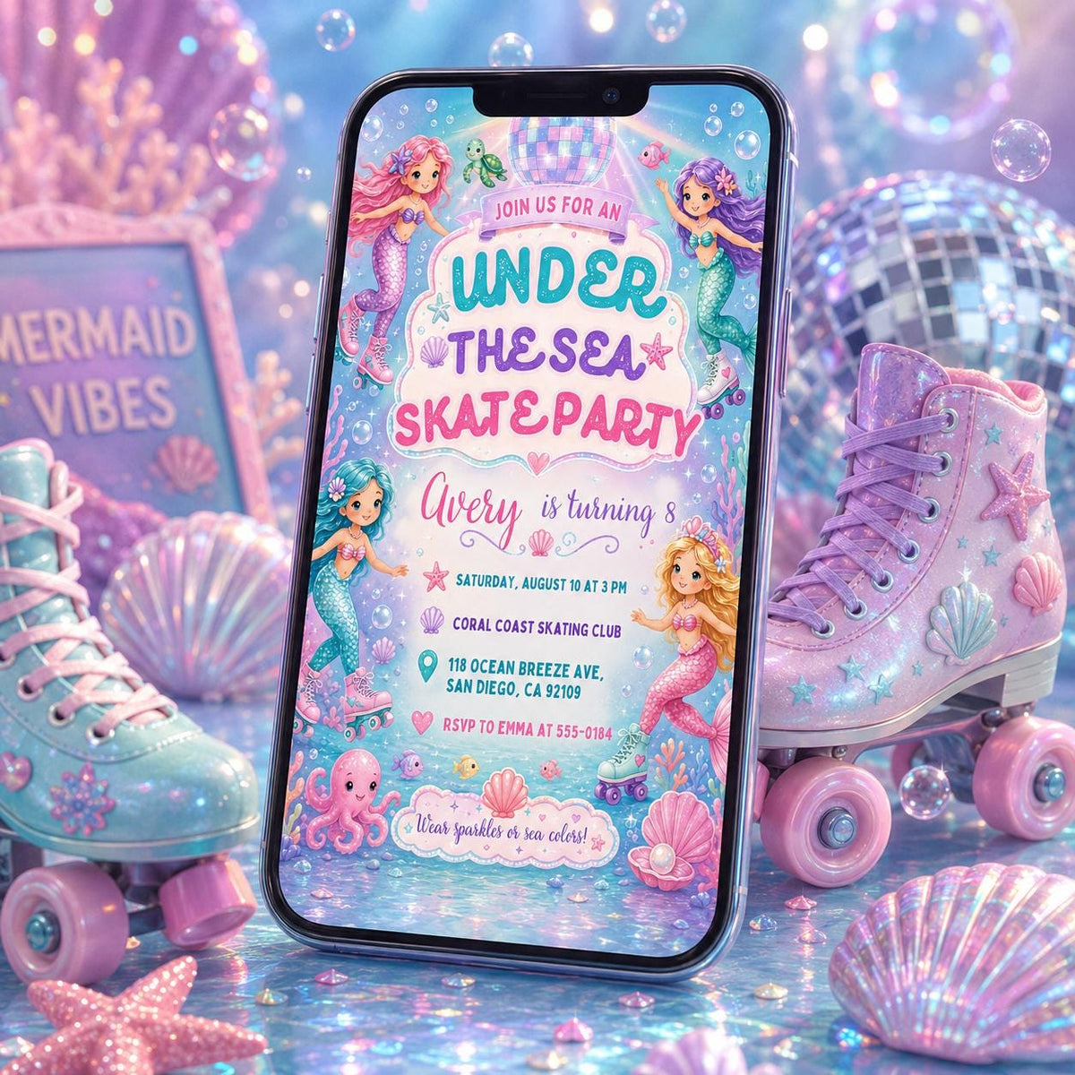 Pink Mermaid Skate Party Invitation — birthday party stationery by VoltBy