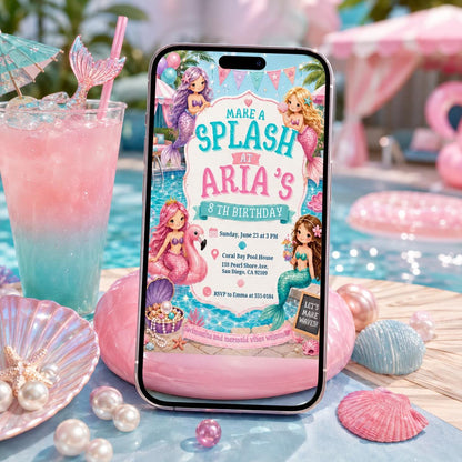 Mermaid Birthday Invitation Template: Splish Splash Party, Mermaid Birthday Invitation Under the Sea Birthday Invite, Canva Template __etsy:8046973754