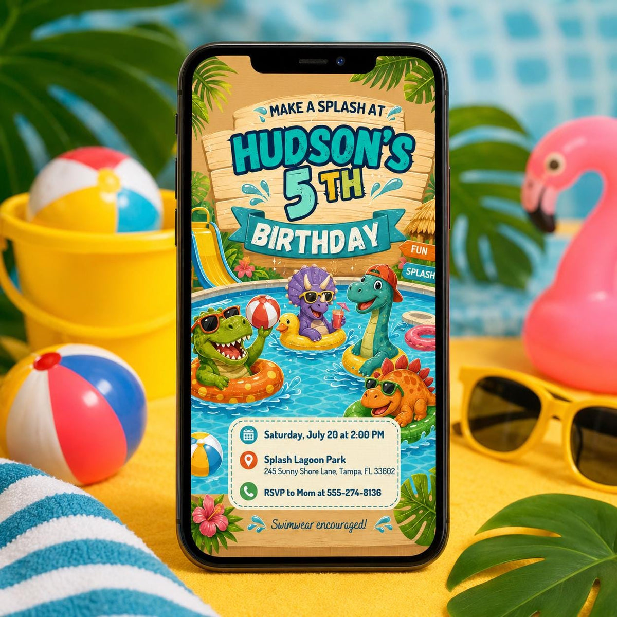 Dinosaur Pool Party 5th Birthday Invitation with Wooden Header — digital invitation, instant download
