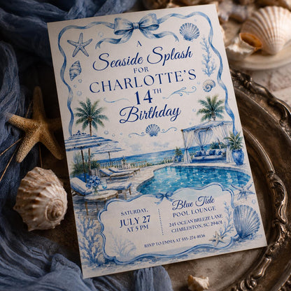 Seaside Splash Birthday Invitation, The Summer I Turned Pretty Birthday Invitation, Coastal Party Invite, 13th Birthday Girl, Canva Template __etsy:8046975062