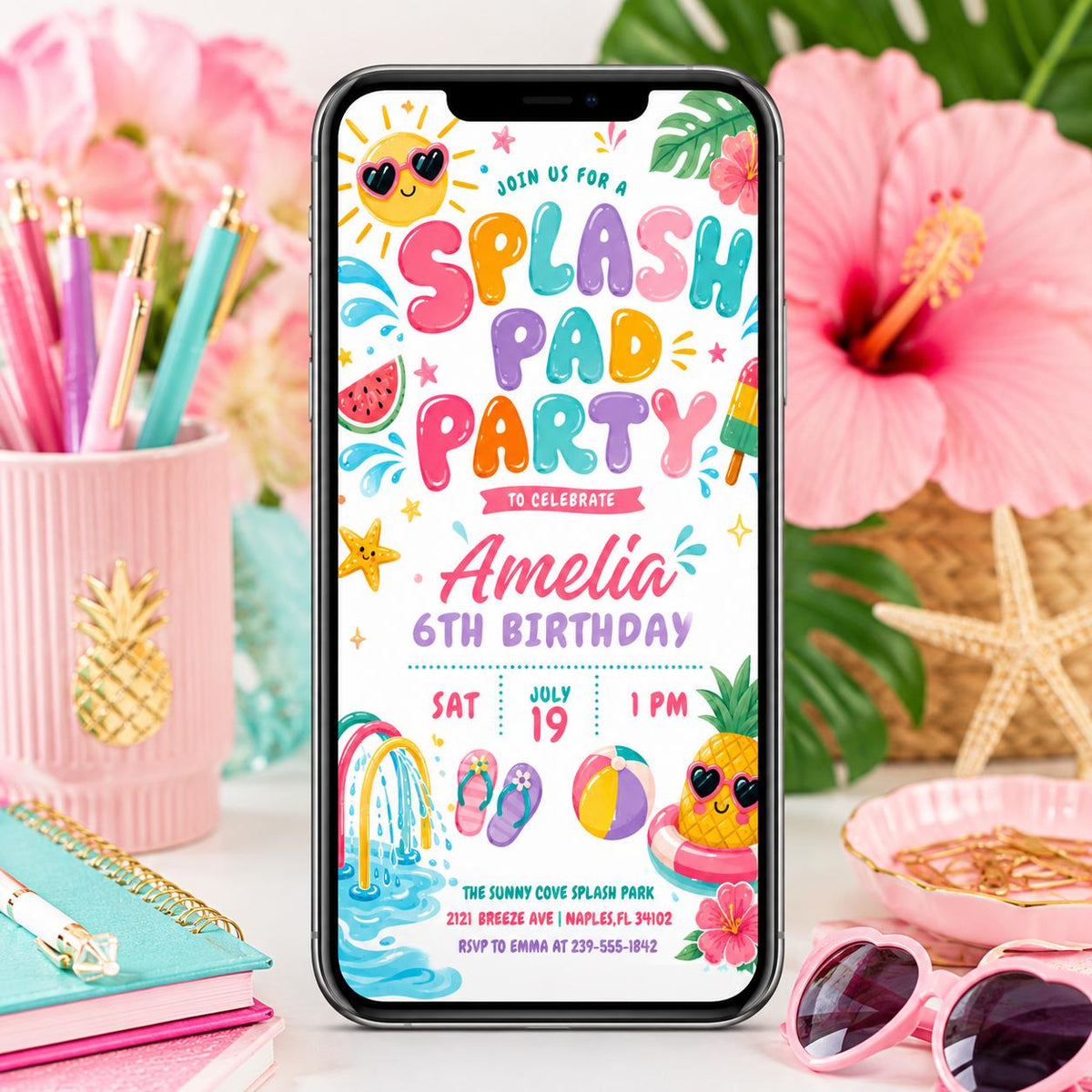 Splash Pad 6th Birthday Invitation with Rainbow Sprinkler — invitation you personalize in Canva