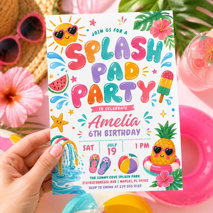 Splash Pad 6th Birthday Invitation with Rainbow Sprinkler — print-ready 6th birthday party design from VoltBy