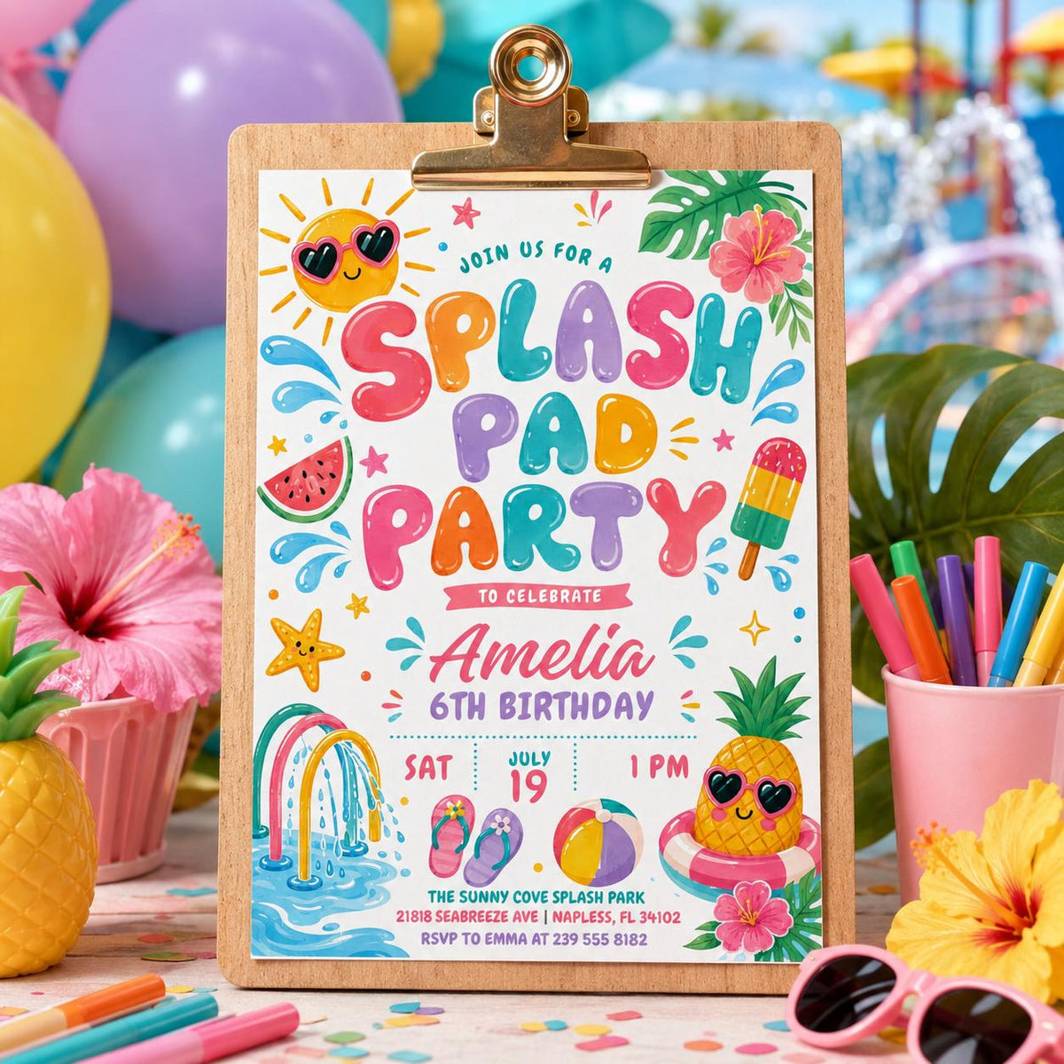 Splash Pad 6th Birthday Invitation with Rainbow Sprinkler — pool artwork in pink and teal