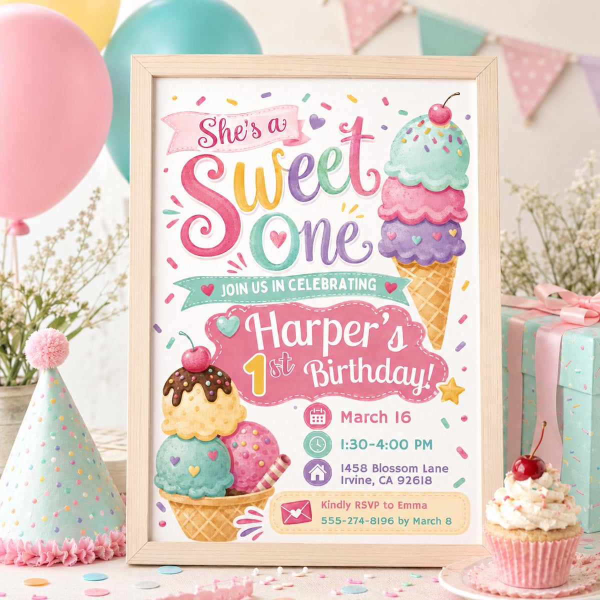 She's a Sweet One Ice Cream Birthday Invitation — print-ready first birthday design from VoltBy