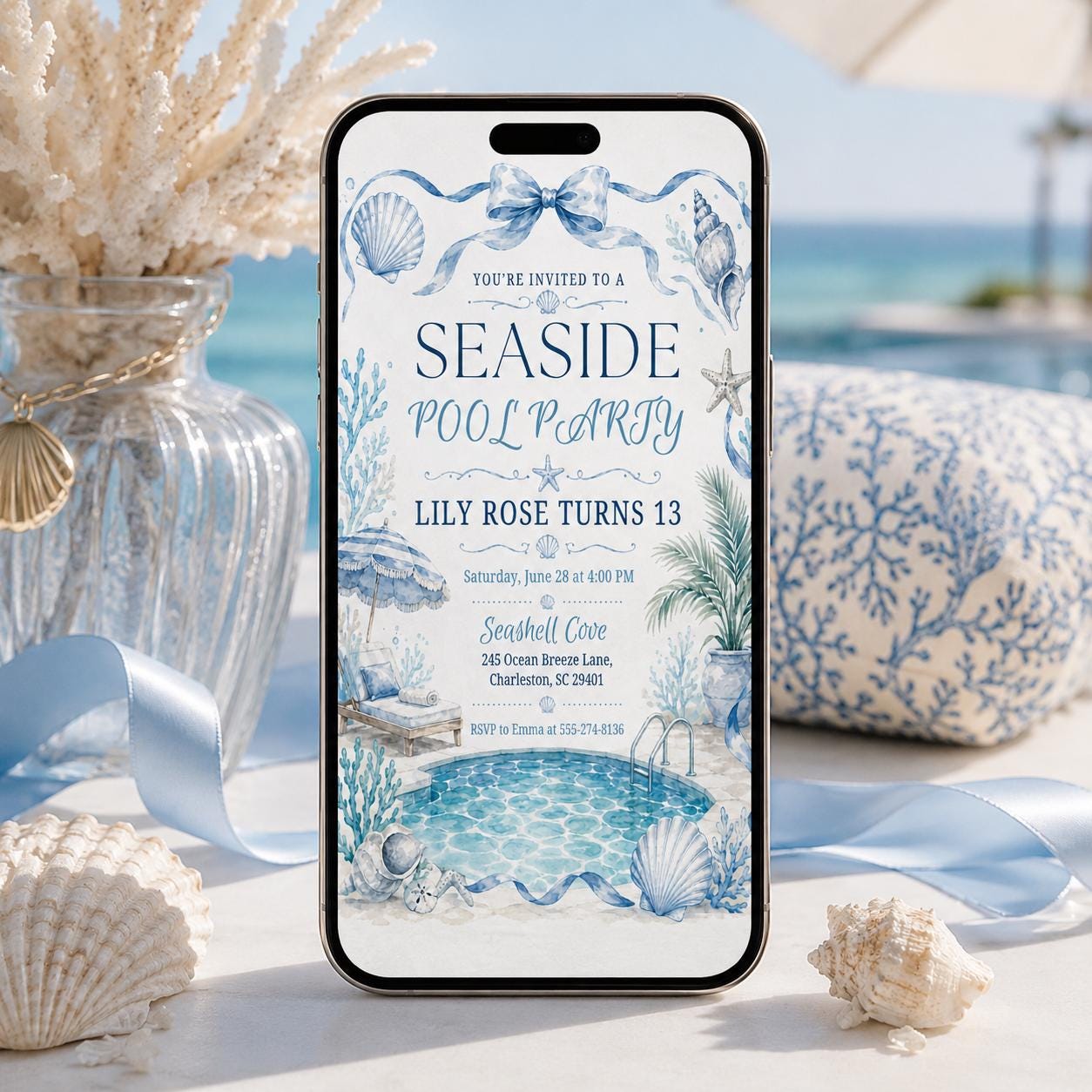 Seaside Pool Party Invitation Template, Blue Pool Party Birthday Invitation Video. Neon Beach Theme Tropical Summer Invite, Canva Template __etsy:8047155764