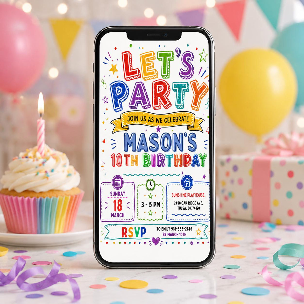 Rainbow Doodle Let's Party 10th Birthday Invitation — hand drawn 10th birthday party design