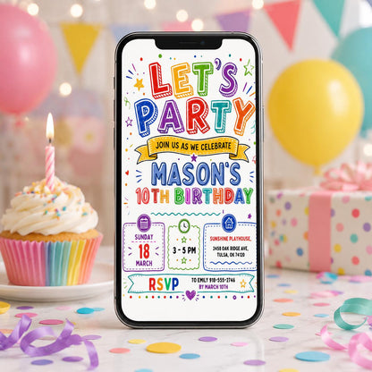 Rainbow Doodle Let's Party 10th Birthday Invitation — hand drawn 10th birthday party design