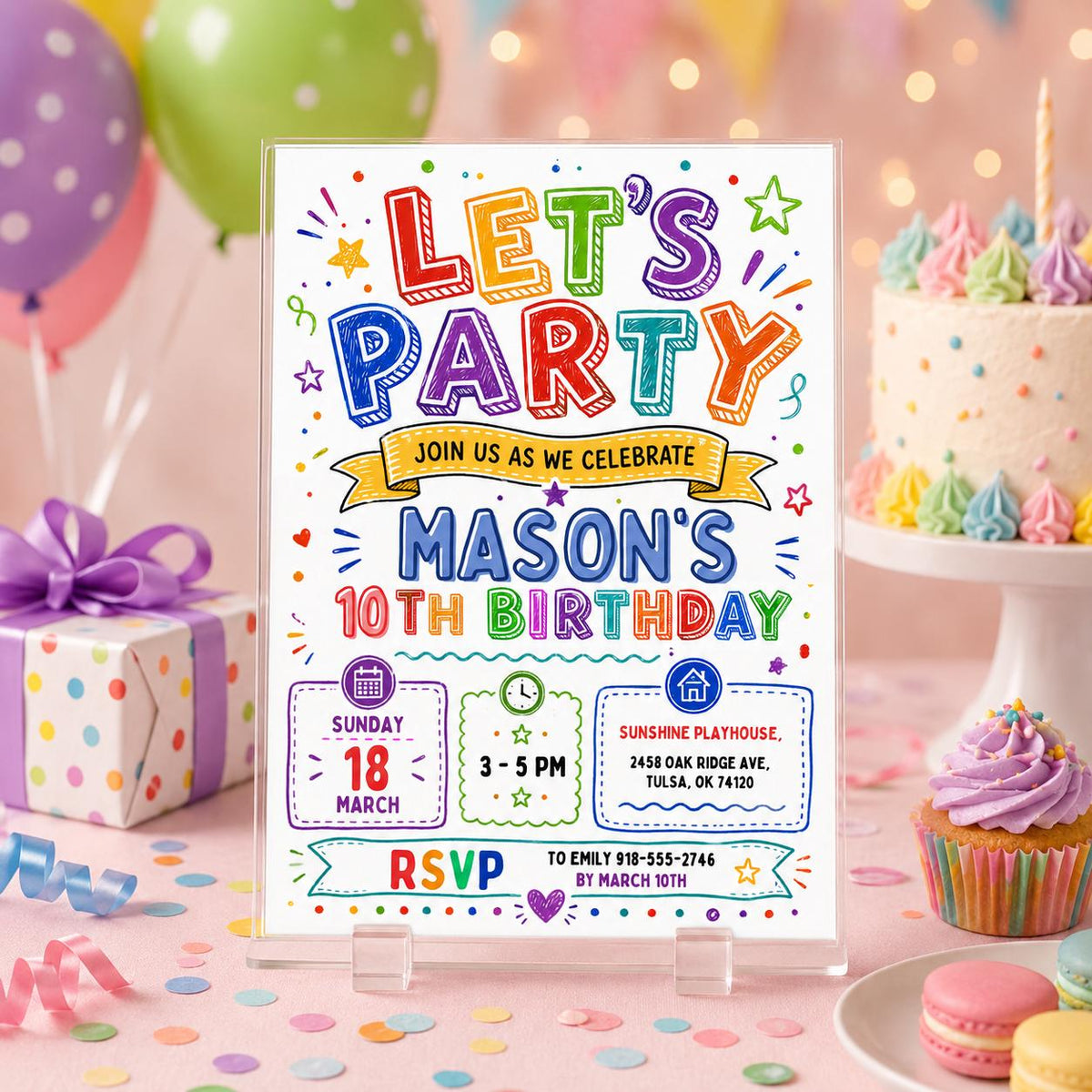 Rainbow Doodle Let's Party 10th Birthday Invitation — print-ready 10th birthday party design from VoltBy