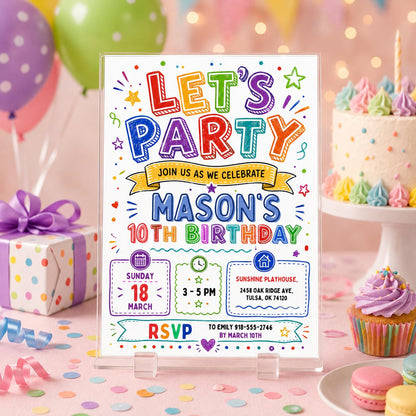 Rainbow Doodle Let's Party 10th Birthday Invitation — print-ready 10th birthday party design from VoltBy