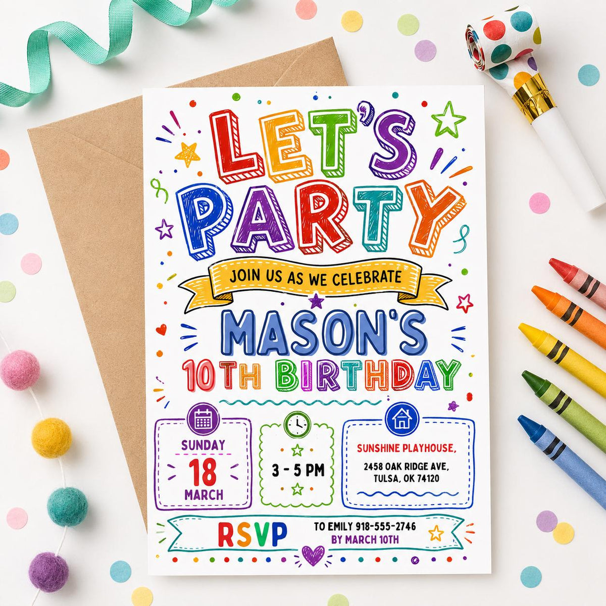 Rainbow Doodle Let's Party 10th Birthday Invitation in white