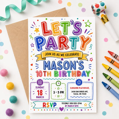 Rainbow Doodle Let's Party 10th Birthday Invitation in white