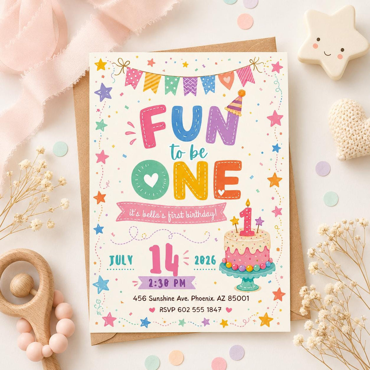 Fun to Be One First Birthday Invitation with Cake and Confetti in pink teal