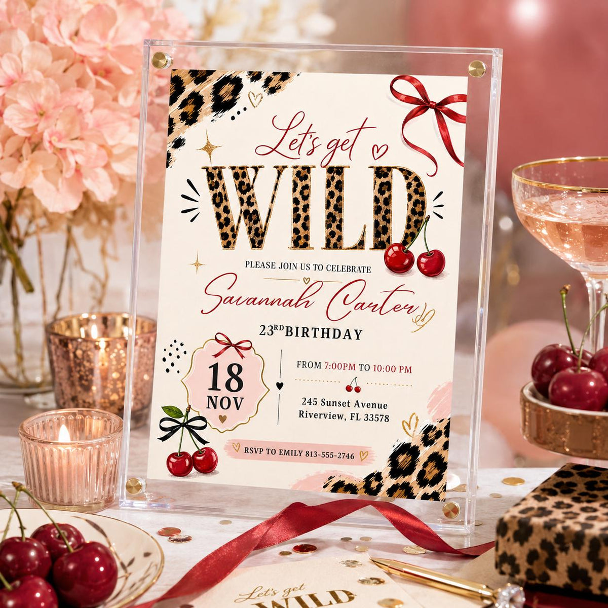 Cherry Leopard Let's Get Wild 23rd Birthday Invitation — invitation you personalize in Canva