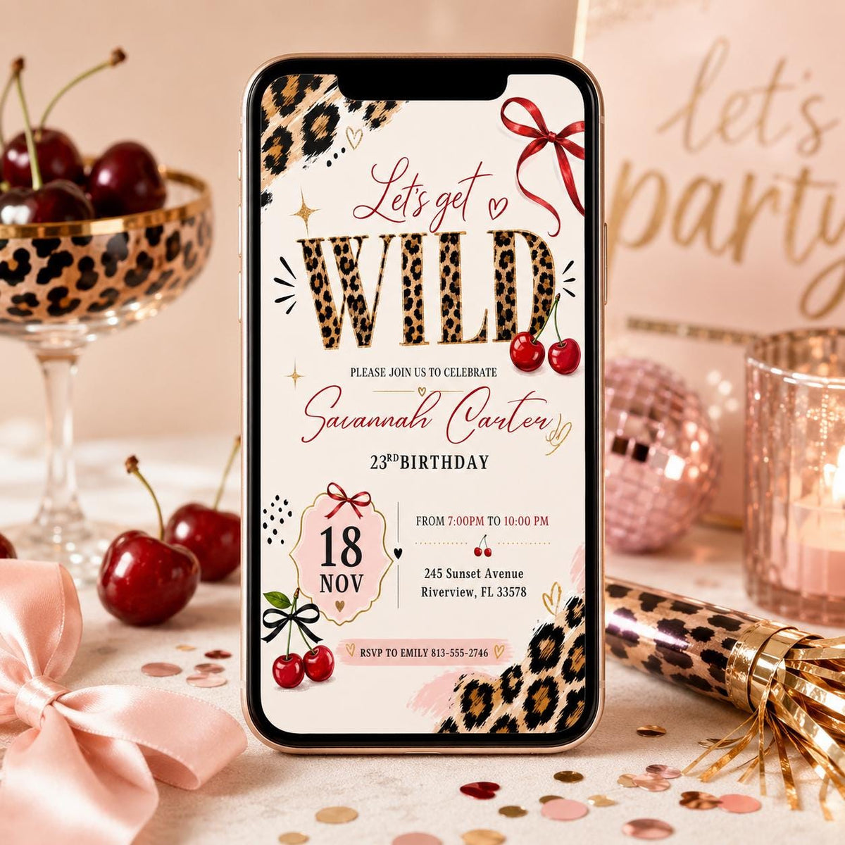 Cherry Leopard Let's Get Wild 23rd Birthday Invitation — bow artwork in brown and cream