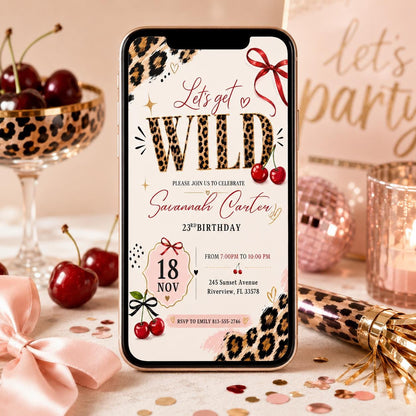 Cherry Leopard Let's Get Wild 23rd Birthday Invitation — bow artwork in brown and cream