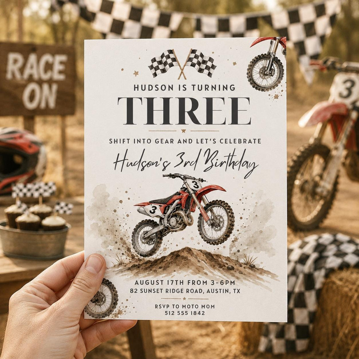 Dirt Bike 3rd Birthday Invitation with Checkered Flags — motorcycle artwork in black and cream