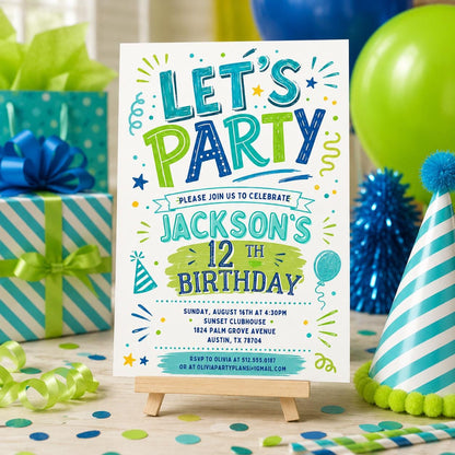 Blue and Green Let's Party 12th Birthday Invitation — print-ready 12th birthday party design from VoltBy