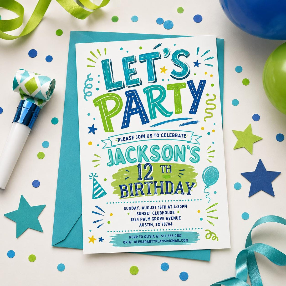 Blue and Green Let's Party 12th Birthday Invitation — confetti design