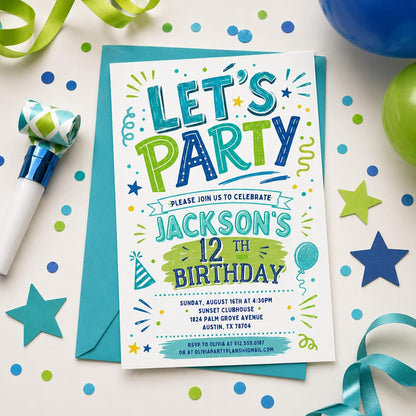 Blue and Green Let's Party 12th Birthday Invitation — confetti design