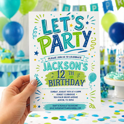 Blue and Green Let's Party 12th Birthday Invitation — digital invitation, instant download
